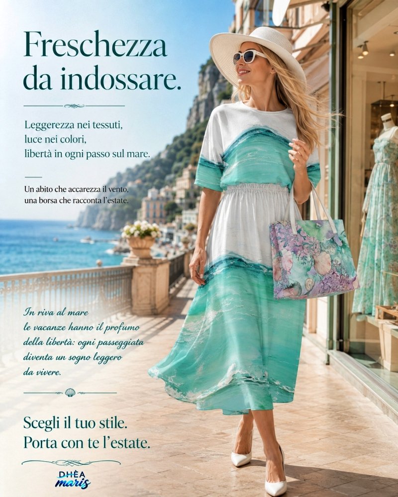 Acqua / Abito a vita elastica e Conchiglie / Borsa mare in ecopelle